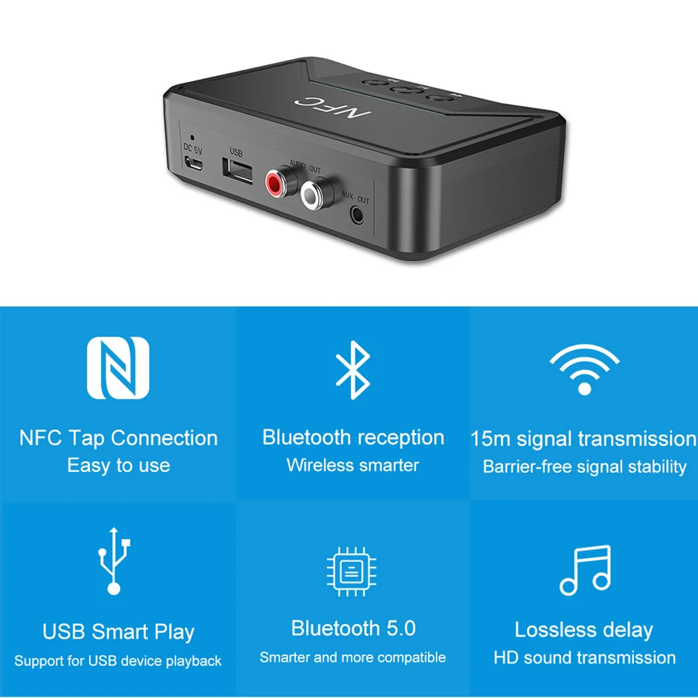 Kebidu BT200 NFC Bluetooth 5.0 Audio Receiver 3.5mm AUX RCA Jack Hifi Wireless Adapter Auto for Car Wireless Auto Adapter