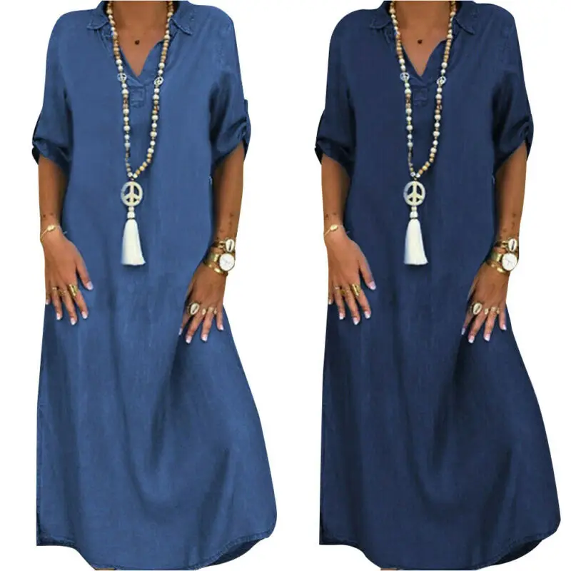 Dresses Womens Clothes Solid Short Sleeve V Neck Maxi Dress M-5XL Casual Beach Holiday Denim Woman 2021 | Женская одежда