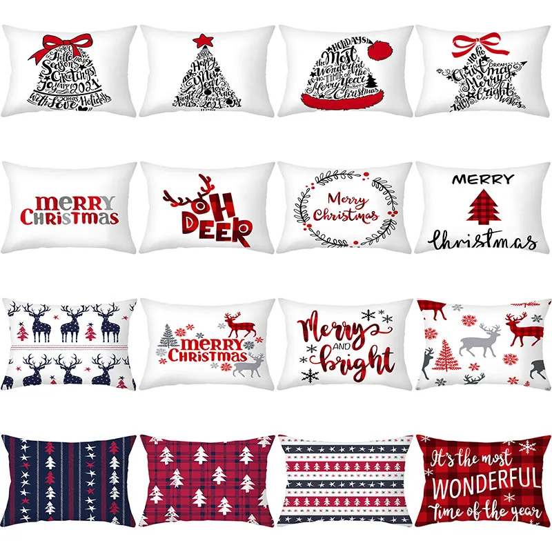 

Christmas Hat Letter Pillowcover Polyester Tree Deer Print Pillowcase Rrectangle Cushion Cover 30*50 Throw Pillow Cases For Sofa