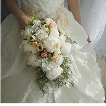 

Exquisite Artificial Rose Peony Tears Bride Holding Flowers Wedding Bouquet Bridesmaid Handmade Crystal Waterfall Fake Flowers