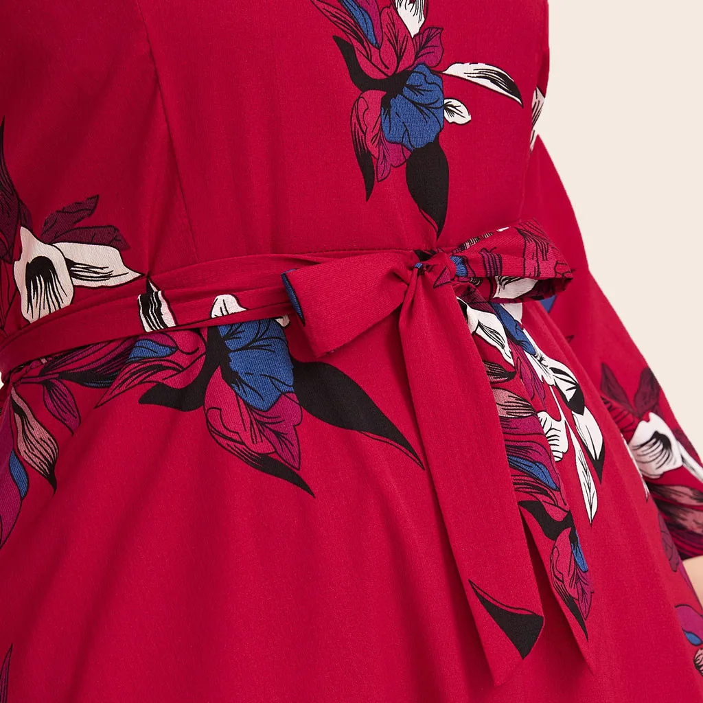 MISSOMO Plus Size 5XL dress Women maxi dress Casual Floral Print O-Neck Long Sleeve Bandage long Dress with belt vestidos 813