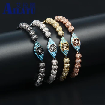 

Luxury Designe Jewelry Blue CZ Eye Braiding Bracelet 6mm Cz Ball 4mm Stainless Steel Beads Hamsa Jewelry