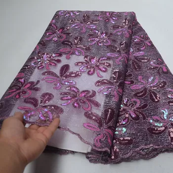 

French Net Lace Fabric 2019 Latest African Guipure Lace Fabric With Embroidery Mesh Tulle Cord Sequins Lace Fabric Purple Dress
