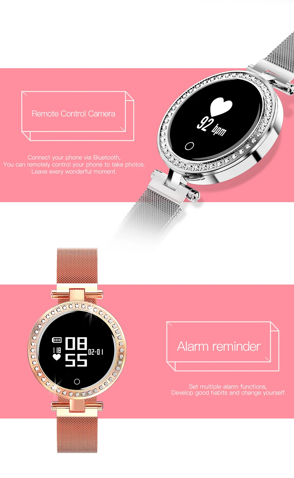 Женские Смарт-часы 32 мм Диаметр кровяное давление монитор сердечного ритма для Android IOS IP68 Водонепроницаемый Алмазный монтажный дизайн