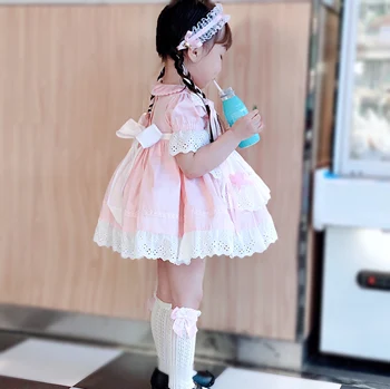 

Spanish Baby Clothes Kid Dress for Girls Boutique Lace Bow Children Short Sleeve Gown Toddler Birthday Party Dress free Headband