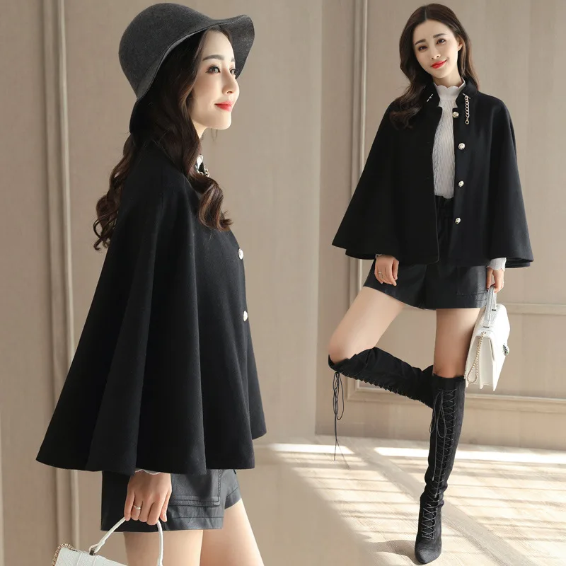 Autumn And Winter Short-height Short Cloak Shawl Woolen Jacket Women's Loose-Fit Bat Sleeved England Students Woolen Overcoat Wo