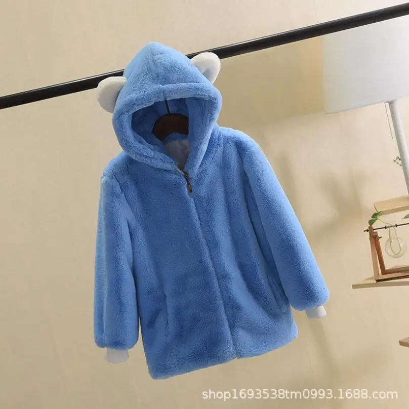blue Детское пальто с капюшоном из искусственного меха, коллекция года, новое зимнее утепленное пальто с искусственным кроличьим мехом, детская одежда, куртки, y1986 - Цвет: blue