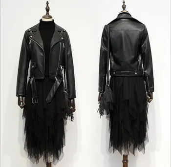 

2019 New Fashion Women Autumn Winter Black Faux Leather Jackets Zipper Basic Coat Turn-down Collar Biker Jacket With Blet