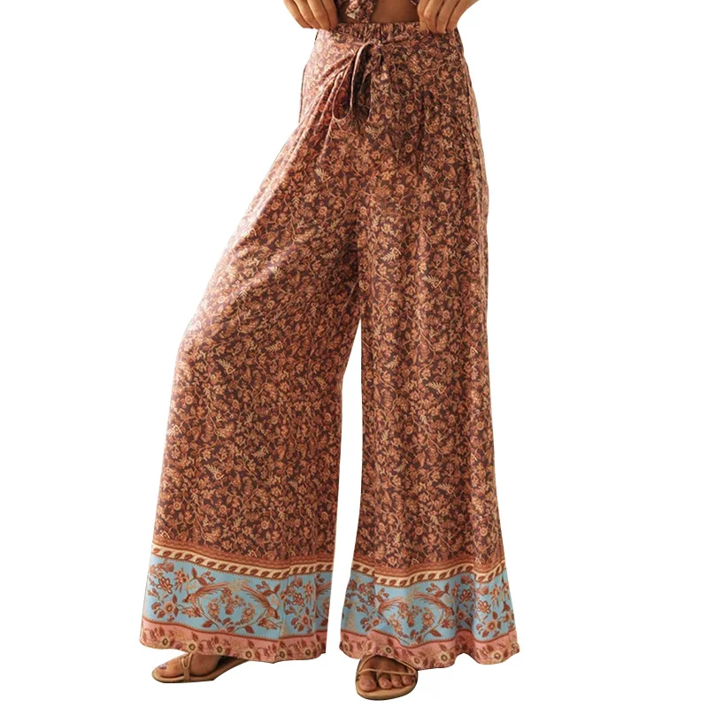 2021 Casual New Wide-leg Trousers European American Fashion Ladies Loose Trousers African Print High Waist Tie Up Large Trousers