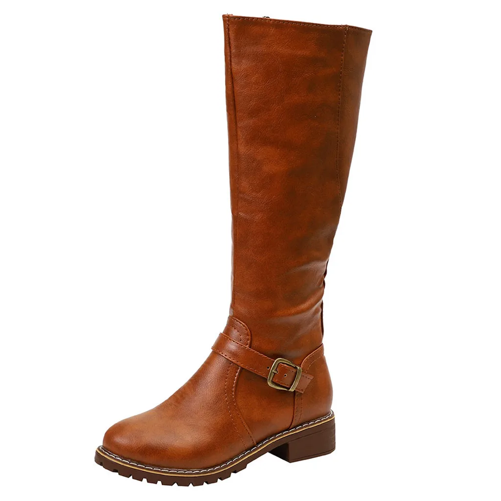 Высокие сапоги до бедра; цвет коричневый; женские винтажные кожаные сапоги до колена на квадратном каблуке и молнии; ботинки с пряжкой; сохраняющие тепло ботинки с круглым носком в британском стиле - Цвет: YELLOW