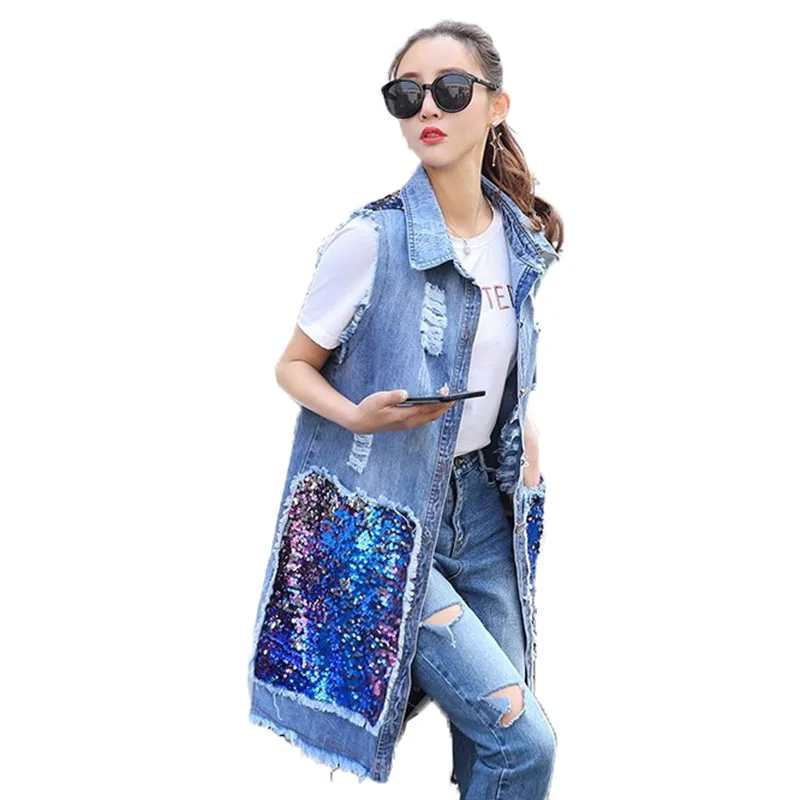 Sequins Denim Vest New Spring Summer Women's Vests Fashion Hole