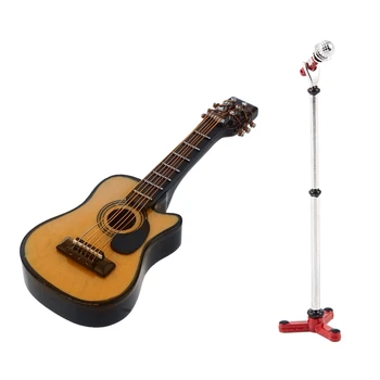 

1:12 Dollhouse Miniature Acoustic Guitar Yellow and Brown Red & Dollhouse Miniature Toy A Metal Microphone with Stand
