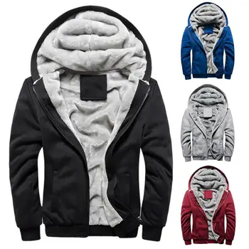 

Fashion Plus Size Men Coat Jacket Plush Thicken Winter Warm Solid Color Hooded Long Sleeve Pockets Zip Up Coat Outwear Jacket