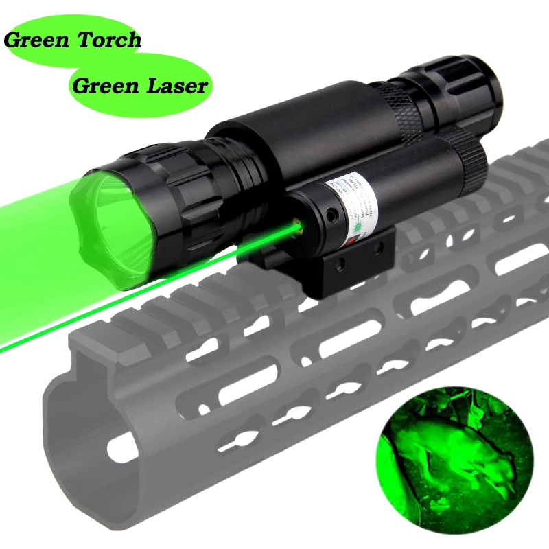 

501B LED Airsoft Linterna Hunting Weapon Flashlight Q5 Green Rifle Gun Light+20mm Rail Mount Laser Pen Dot+18650+CR2+USB Charger