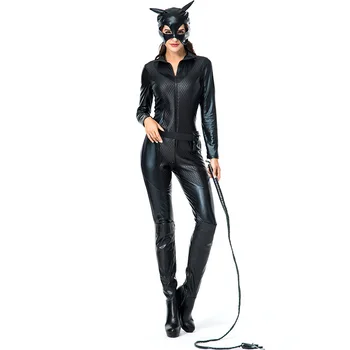 

Lady Woman Sexy Villain Costume Adult Black Wet Look Body Suit Cat Masquerade Performance prom Halloween Bodysuit Fancy Dress