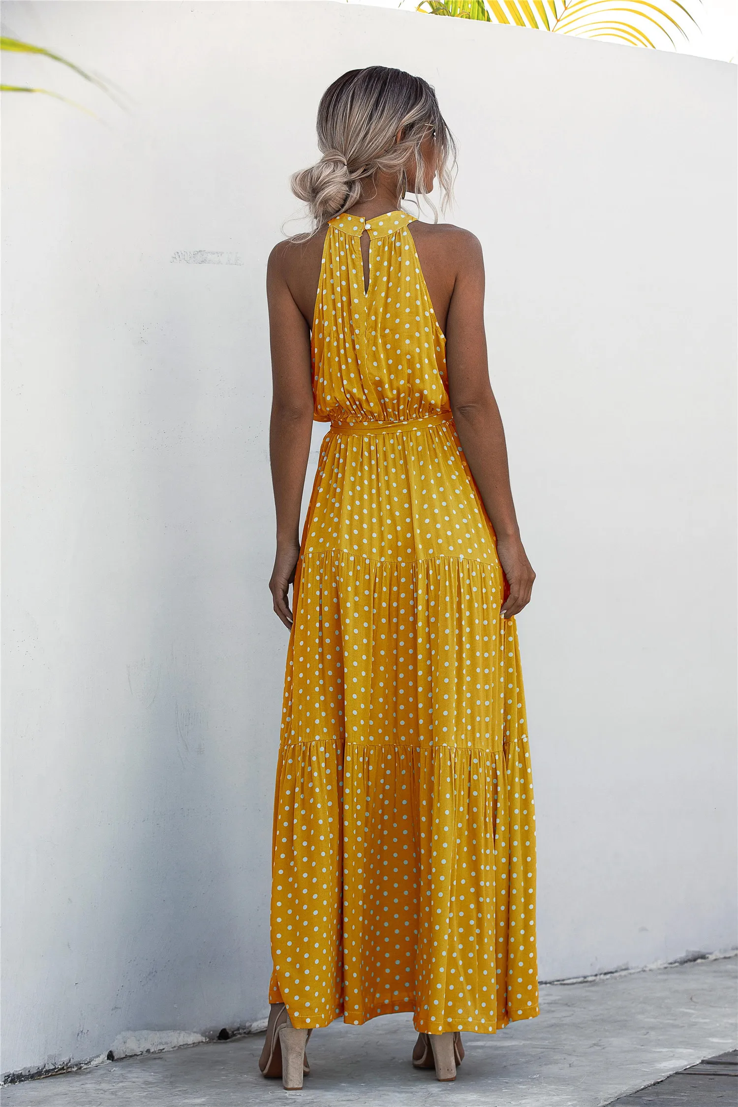 2020 Summer Long Dress Polka Dot Casual Midi Dresses Black Halter Strapless Yellow Sundress Vacation Dress Clothes For Women