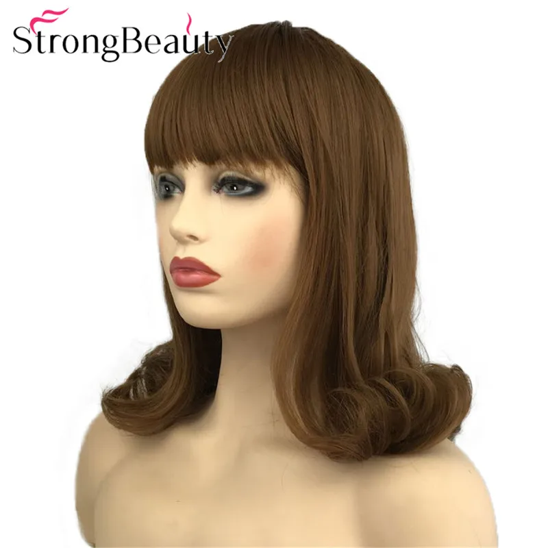 StrongBeauty длинный кудрявый Средний Рыжий/темно-коричневый парик с аккуратным взрыва Боб стрижка женский синтетический парик