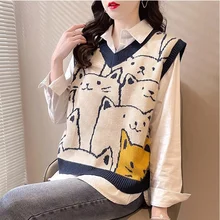  Knitted Sweaters Women Fashion 2022 Autumn Winter Casual Pullovers V-Neck College Style Cat Print Streetwear Knit Vest Sweater 