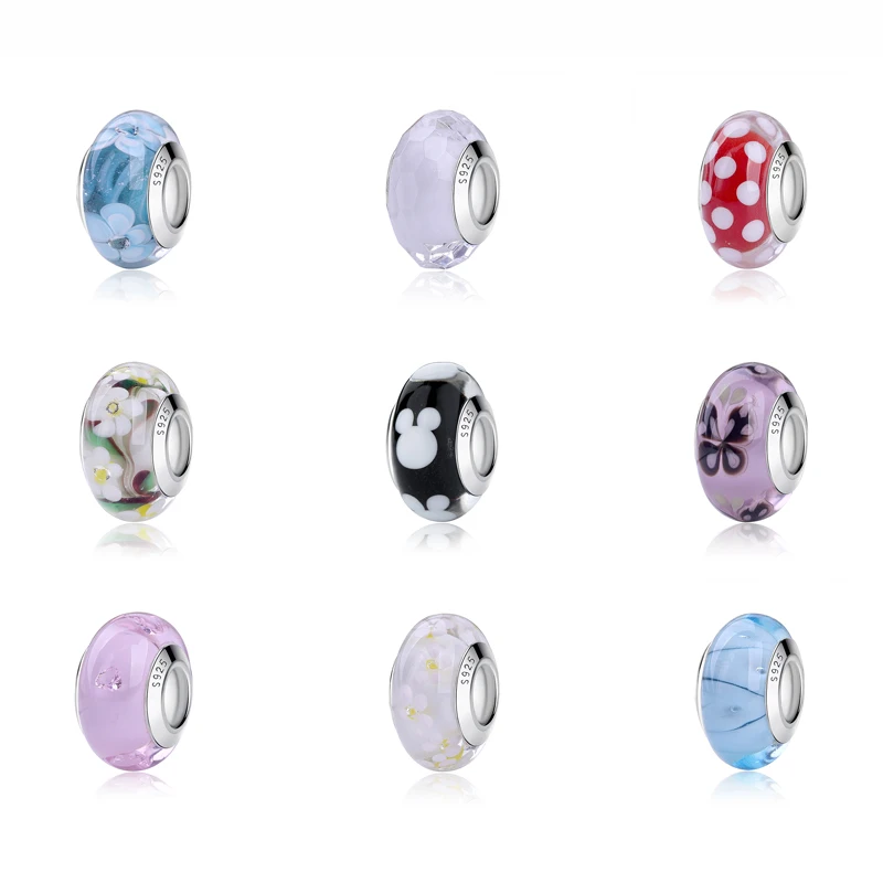 Подходит для браслета Pandora, 925 пробы, серебряные подвески, оригинальное сердце, Микки из муранского стекла с изображением цветка, бусины для женщин, сделай сам, ювелирное изделие