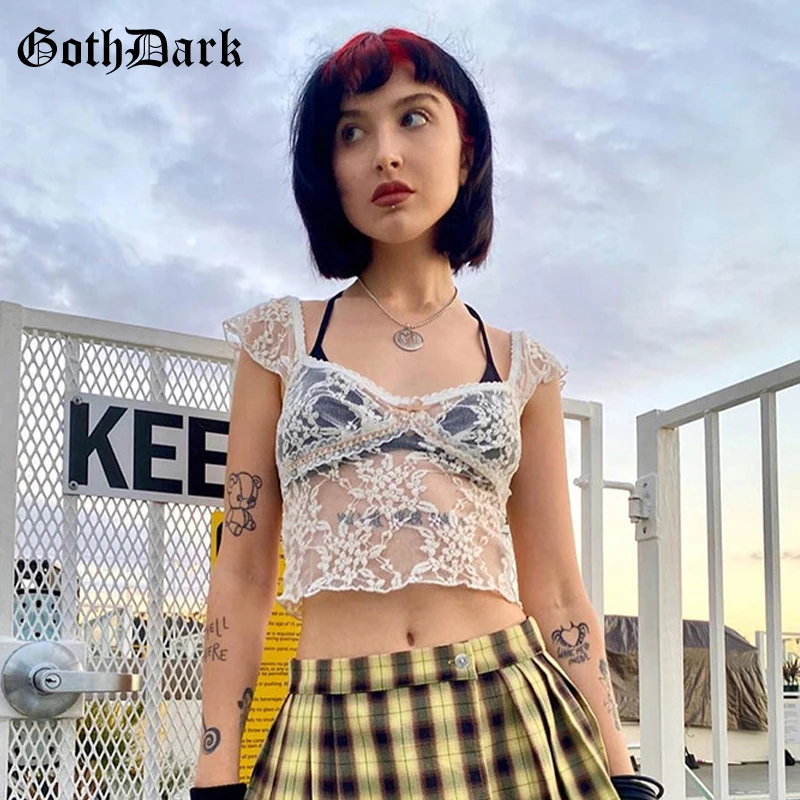 Top Vintage Clothing Crop-Tops Mesh Lace Basic Goth Y2k Egirl White Dark-Hot Fashion