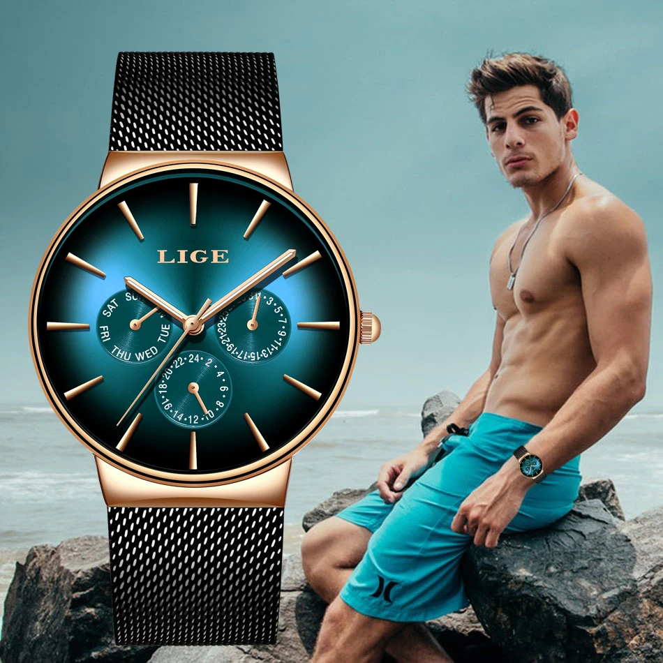 

2020 New LIGE Red Clock Mens Watches Top Brand Luxury Casual Mesh Belt Stainless Steel Quartz Watch For Men Sport Wristwatch+Box