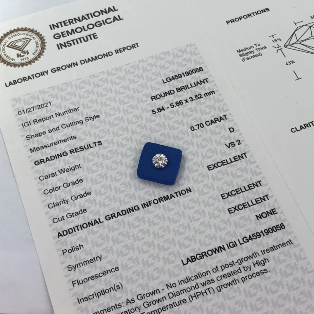 IGI Certification Excellent Cut 0.7 Carat D VS2 Real Lab Grown CVD Diamond