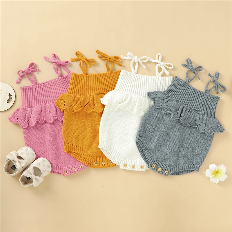 

Fashion Newborn Baby solid color sling one-piece wool romper Sleeveless Autumn Toddler Clothes Lotus leaf decoration wholesale