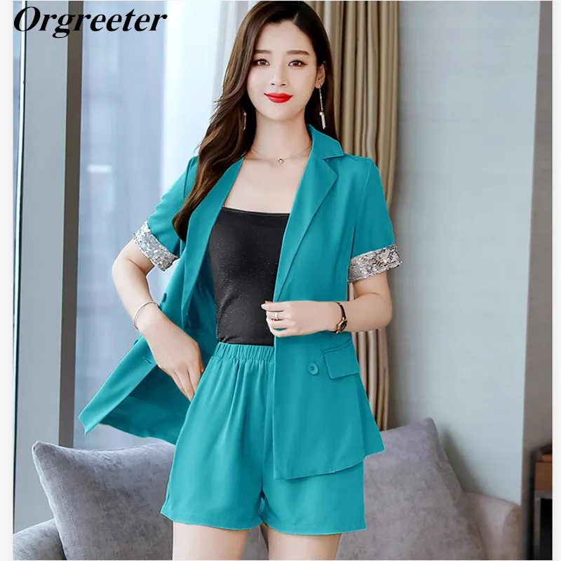 

Single-breasted Notched Seuqined Short Sleeve Slim Blazer & Elastic Waist Shorts 2 Pieces Set Women Summer New Pant Suits