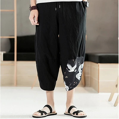 Summer New Men's Loose Spliced Harem Pants Casual Big Crotch Calf-Length Pattern Pencil Trousers Solid Color Drawstring - Цвет: Black Crane