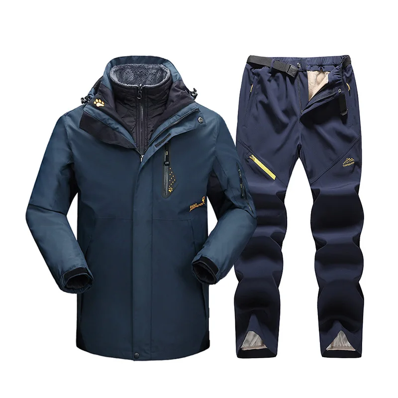 Dark Blue Лыжный костюм для мужчин, зимние толстые теплые лыжные куртки для улицы, ветрозащитная Водонепроницаемая лыжная куртка для сноуборда, брюки, костюм размера плюс 6XL - Цвет: Dark Blue