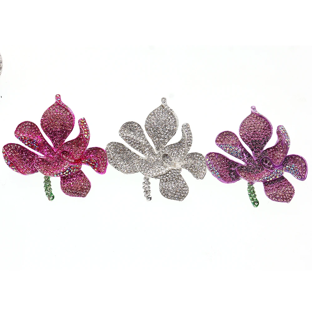 Серебряная цветок орхидеи брошь с лепестками с розовый кристалл горного хрусталя булавка