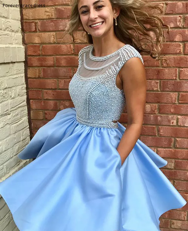 Charming Beadings Pearls Luxury Homecoming Dresses Short A Line Keyhole Backless Sheer Jewel Neck Blue Party Cocktail Gowns Graduation  128 (3)