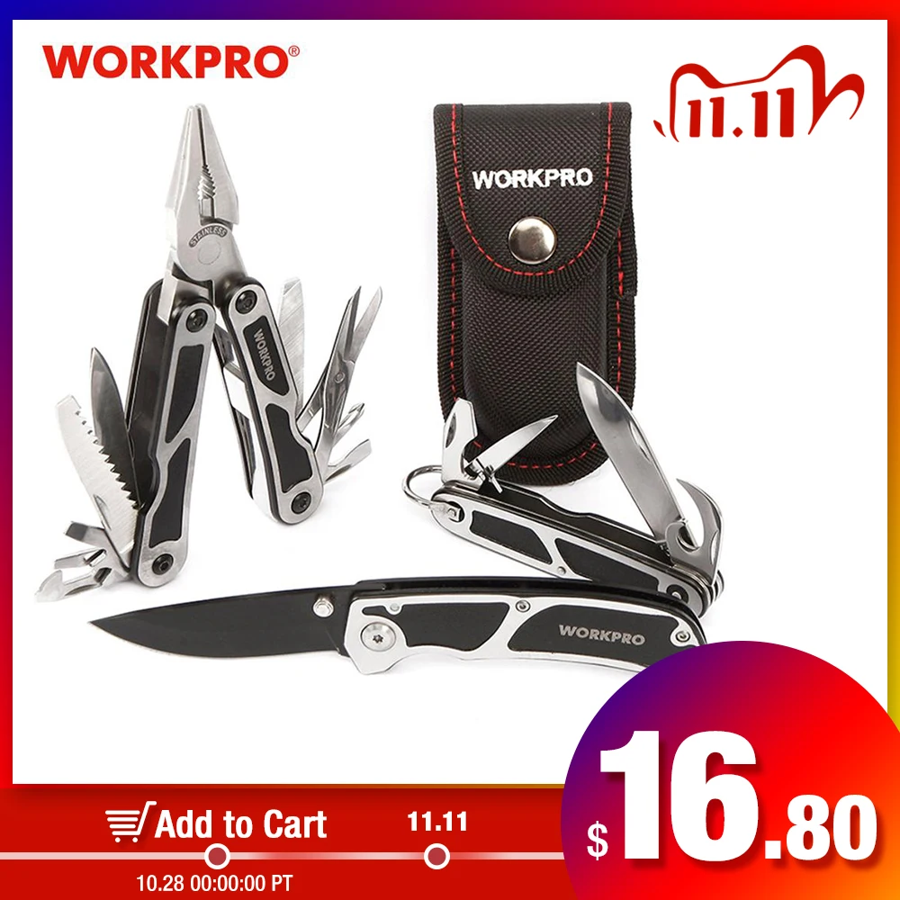 £13.80 Workpro 3pc Camping Tool Set Multi Pliers Tactical Knife Multi