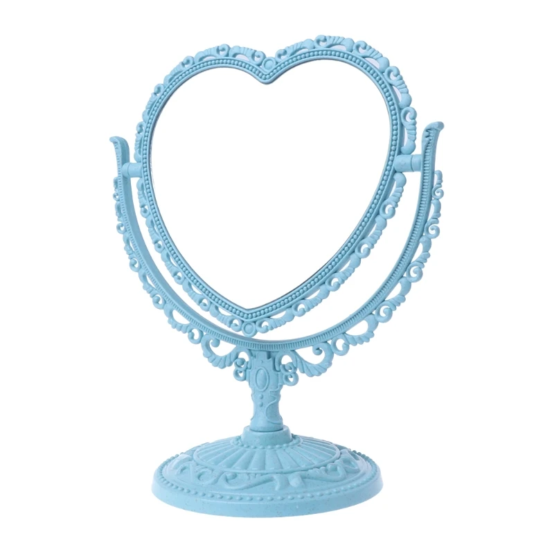 2Sides Heart-shaped Makeup Mirror Rotatable Stand Table Compact Mirror Dresser D5BF