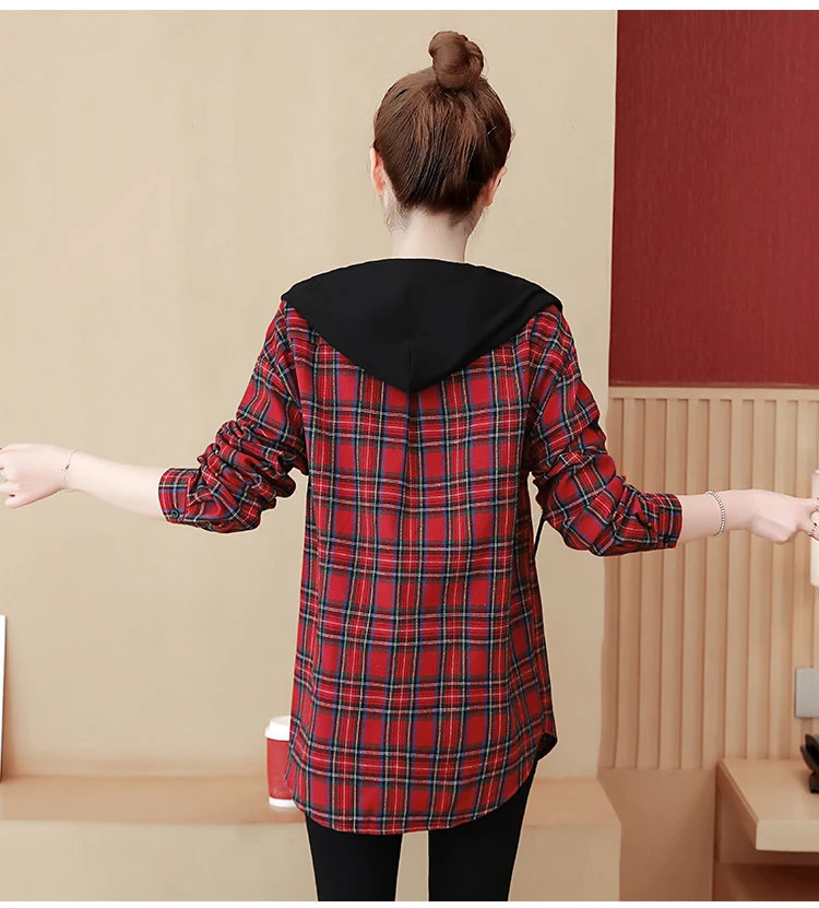 Blusas mujer de moda Осенние повседневные клетчатые женские блузки корейские студенческие рубашки с капюшоном и длинными рукавами Большие размеры женские топы
