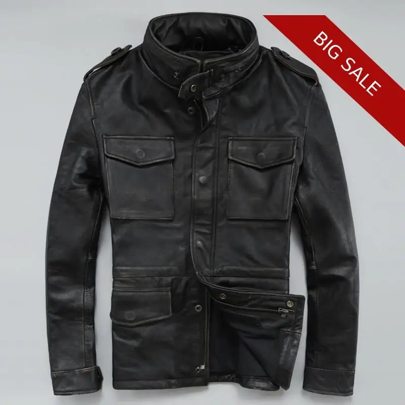 

2020 Vintage Black Long Men M65 Leather Jacket Stand Collar Genuine Thick Cowhide Russian Military Leather Coat