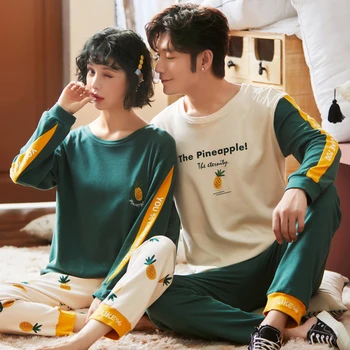 

XIZOU Couple Pajama SetS Men&Women Pyjamas Suit O-Neck 2PCS Shirt&Pants Lovers Sleepwear Casual Home Clothes Pijama