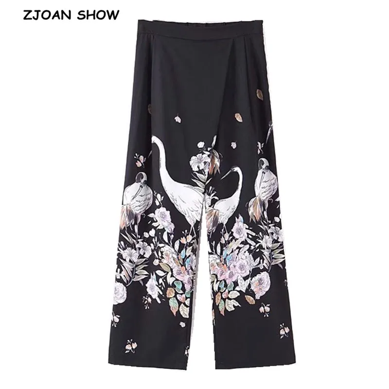 

2019 New Location Cranes Print High Waist Women Stitching Front Asymmetric Ankle-length Black Wide Leg Pants