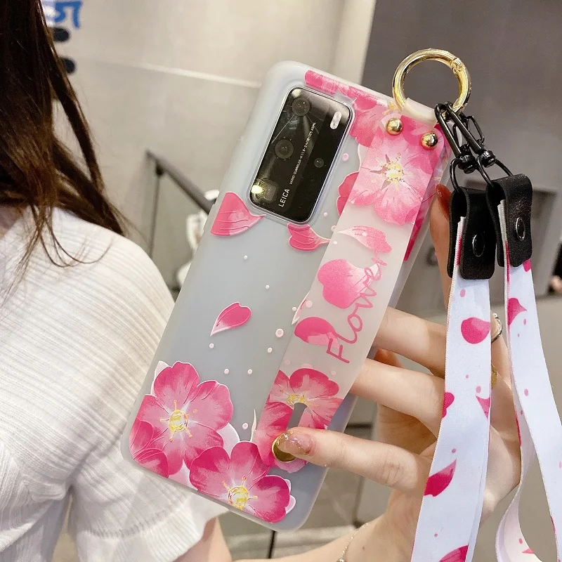 huawei waterproof phone case Cute 3D Flowers Girls Wristband Phone Case For Huawei Nova 7i 7 6 5T 3i 3 5 4 3e 4e 2i SE 5z Pro TPU Soft Lanyard Cover Huawei dustproof case Cases For Huawei