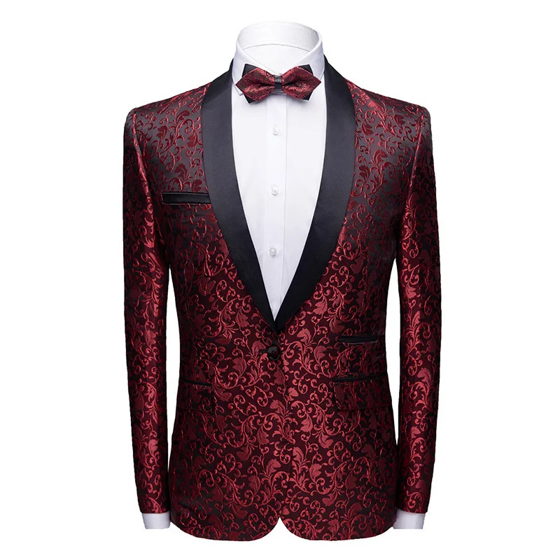

Burgundy Shawl Collar Smoking Suit Jacket Prom Party Hombre Men Slim Fit Paisley Jacquard Blazer Masculino