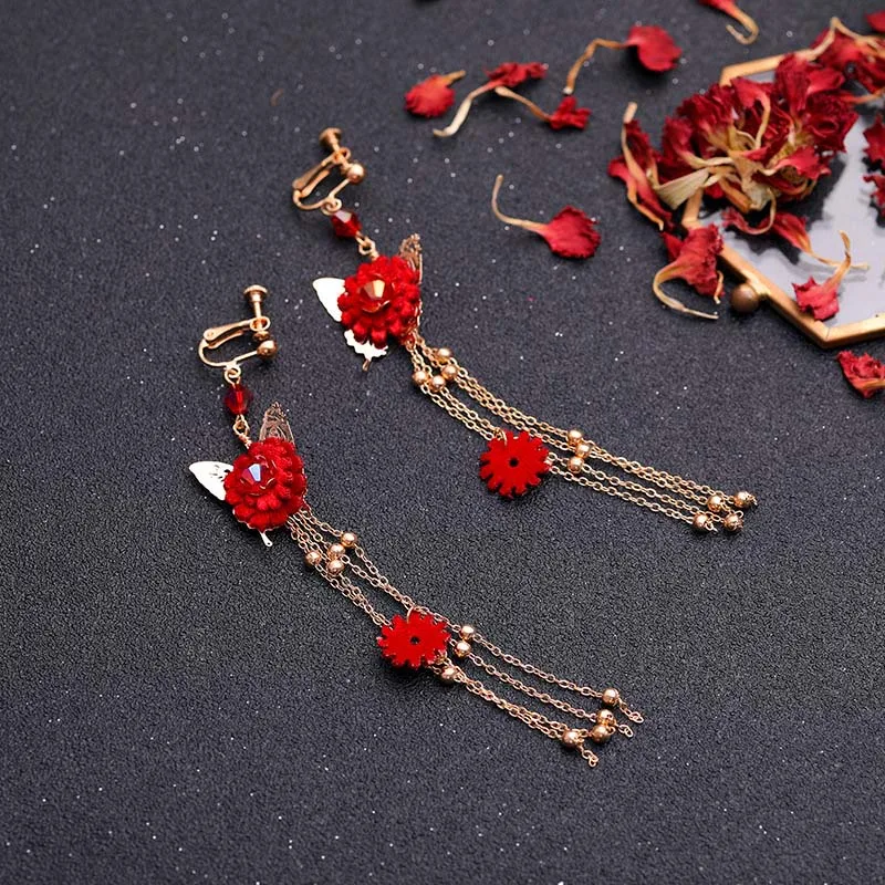 FORSEVEN Red Flowers Handmade Headband Hairpins Clip Earring Jewelry Set Bridal Wedding Hair Accessories Dubai Jewelry Set