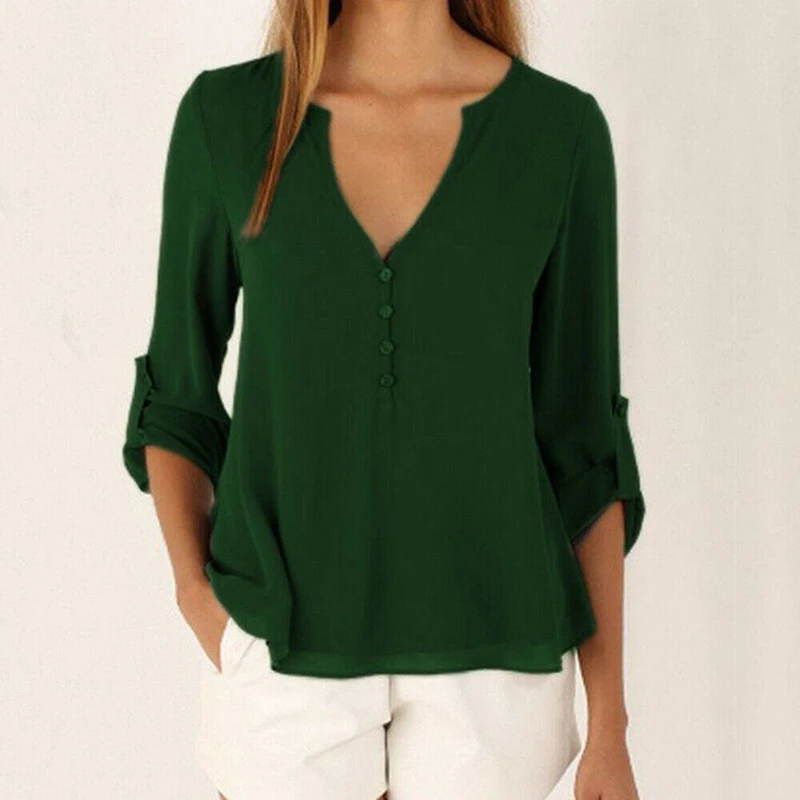 

Spring Women Solid Chiffon Shirt Ladies Long Sleeve Office Work Button Blouse Autumn Multicolor Loose V Neck Blouse S-5XL
