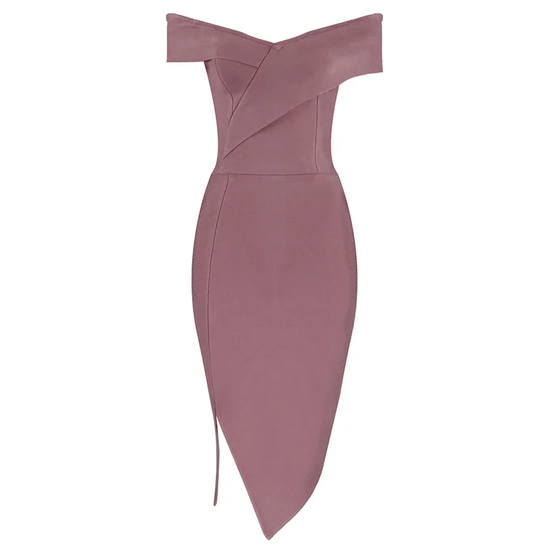 High Quality Celebrity Wine Slash Neck Sexy Rayon Bandage Dress Homecoming Party Dress - Color: Pink