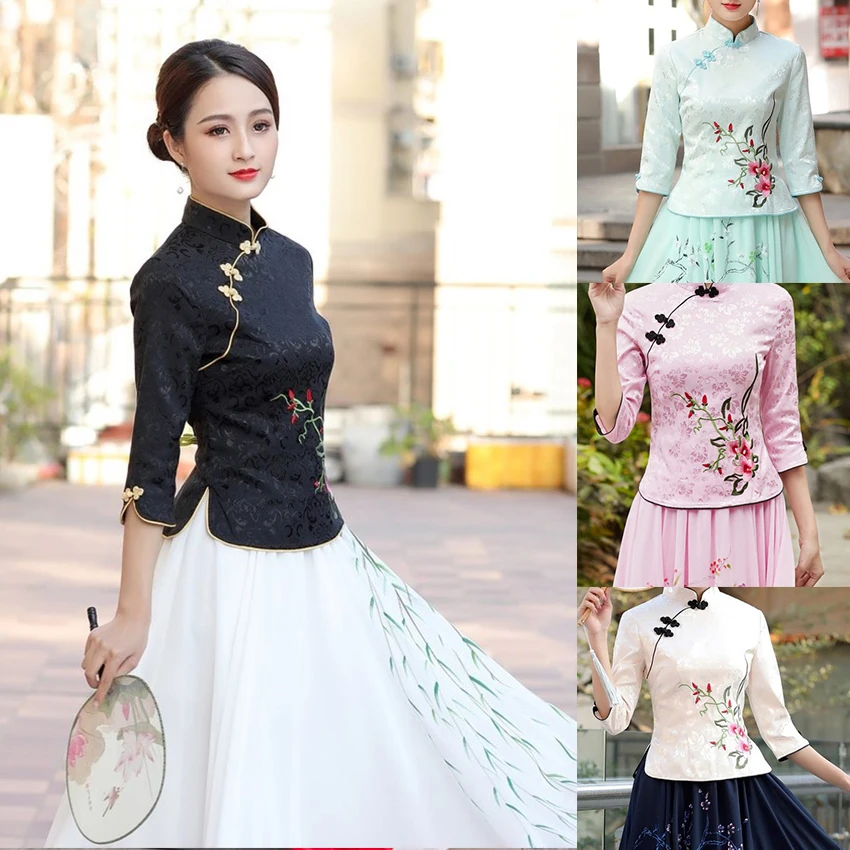Women Qipao Dresses Chinese Cheongsam Top Linen Skirt Vintage Floral Embroidery Tang Suits Plus Size Blouse Female