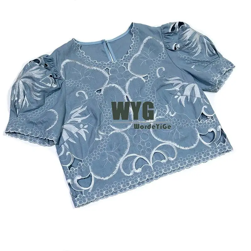 Top Quality Designer Two Piece Set 2020 Summer Blue Hollow Out Embroidery Puff Sleeve Short Tops + Short Culotte