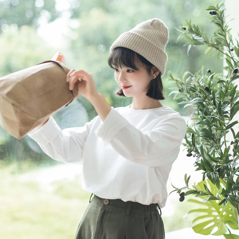 Autumn New Woman Tshirts Long Sleeve Solid Simple Thickened Elastic Cotton Soft Comfortable Base Student Tops Harajuku Clothes