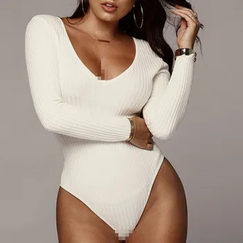 

Autumn Ribbed Knitted Sexy Low Cut Bodysuit Women Black White Red V Neck Female Long Sleeve Jumpsuit Office Lady Slim Top Winter