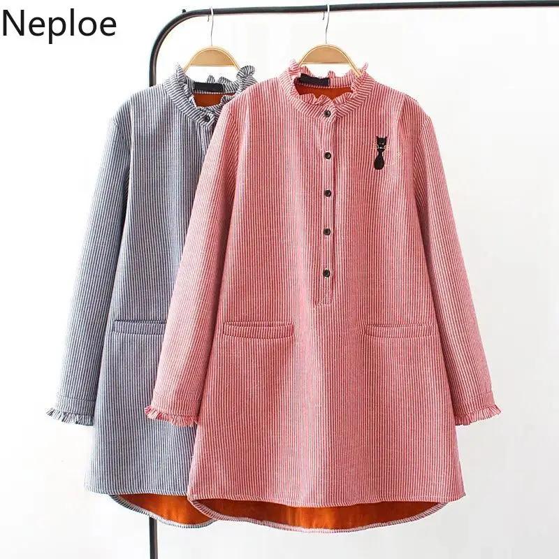 Neploe/ осенне-зимняя блуза большого размера, женские тканевые блузки 4xl, повседневные теплые бархатные плотные кружевные рубашки с вышивкой кота 46292