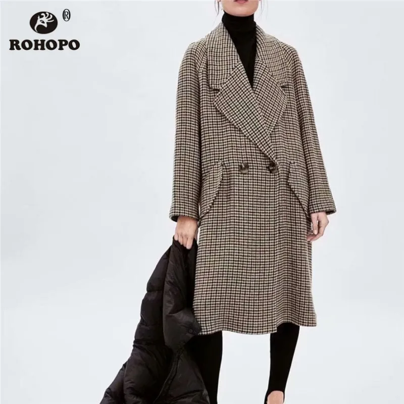 ROHOPO, большой воротник с лацканами, гусиная лапка, плотное, зима, весна, смесь, пальто с боковыми карманами, свободное, прямое, Женское пальто#9106
