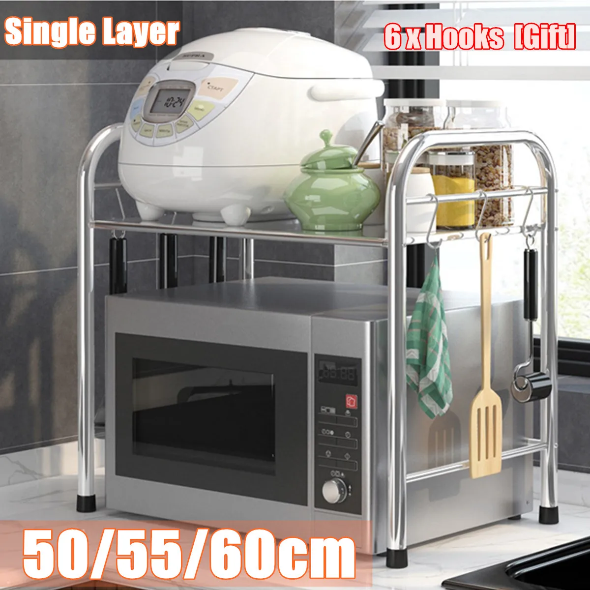 

High Quality Stainless Steel Kitchen Rack Microwave Oven Shelf Home Bathroom Organizer 2layer Rice Cooker Storage Rack+6 hooks